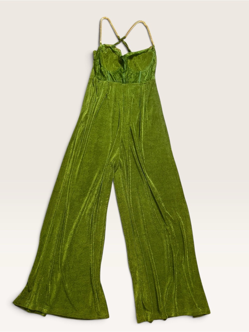 Cider Green Plisse Corset Jumpsuit Gold Chain Open Back Size S